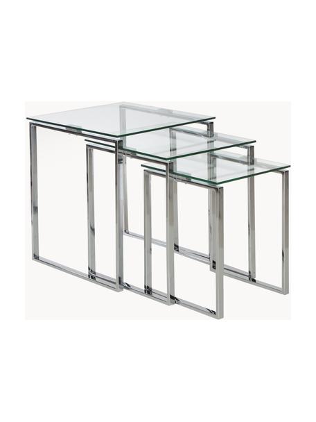 Beistelltisch Katrine mit Glasplatte, 3er-Set, Gestell: Stahl, verchromt, Tischplatte: Sicherheitsglas, Chromfarben, Transparent, Set mit verschiedenen Grössen