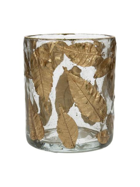 Waxinelichthouder Golden Leaf van glas, Glas, bladeren, Transparant, goudkleurig, Ø 8 x H 9 cm