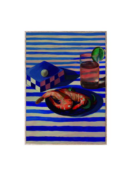 Plagát Shrimp & Stripes, 210 g matný papier Hahnemühle, digitálna tlač s 10 farbami odolnými voči UV žiareniu, Kráľovská modrá, koralovočervená, Š 30 x V 40 cm