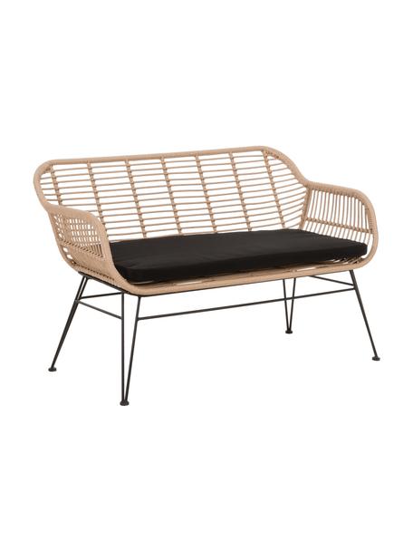 Polyrotan zitbank Costa, Zitvlak: polyethyleen-vlechtwerk, Frame: gepoedercoat metaal, Lichtbruin, zwart, B 126 x H 81 cm
