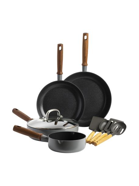 Set de cuisine avec revêtement antiadhésif Mayflower Pro, 8 élém., Gris foncé, bois de frêne, Lot de différentes tailles