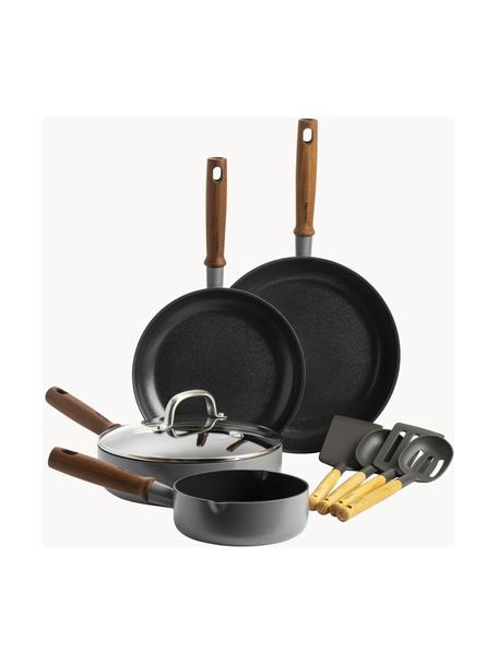 Batería de cocina antiadherente Mayflower Pro, 8 pzas., Gris oscuro, madera oscura, Set de diferentes tamaños