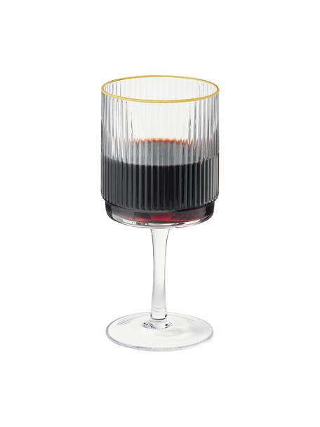 Verres à vin à relief rainuré et bord doré Minna, 4 pièces, Verre, soufflé bouche, Transparent avec bord doré, Ø 8 x haut. 17 cm