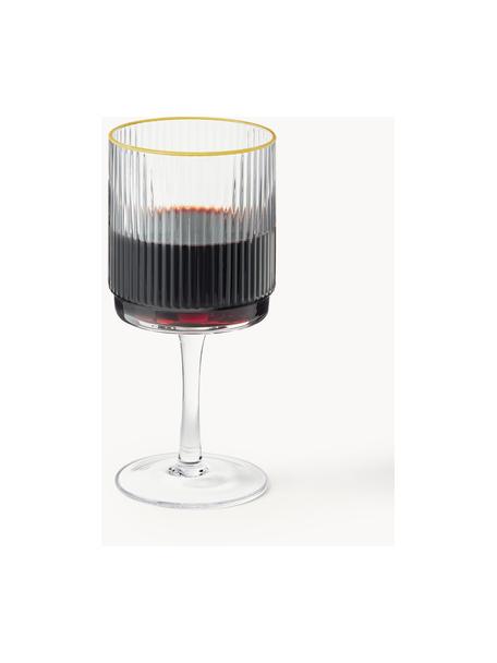 Copas de vino artesanales con relieve Minna, 4 uds., Vidrio soplado artesanalmente, Transparente con borde dorado, Ø 8 x Al 17 cm