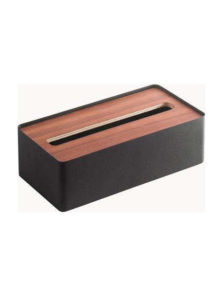 Kosmetiktuchbox Rin mit abnehmbaren Bambus-Deckel, Deckel: Holz, Box: Stahl, lackiert, Schwarz, Dunkelbraun, B 26 x T 13 cm