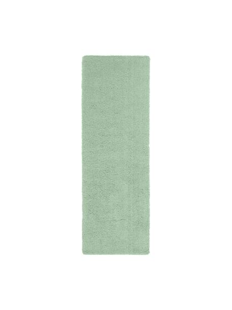 Pluizige hoogpolige loper Leighton in mintgroen, Bovenzijde: microvezels (100% polyest, Onderzijde: 70% polyester, 30% katoen, Mintgroen, 80 x 250 cm
