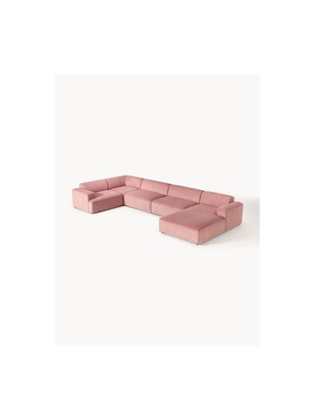 Divano angolare XL in velluto a coste Melva, Rivestimento: velluto a coste (92% poli, Struttura: legno massiccio di pino e, Piedini: plastica Questo prodotto , Velluto a coste rosa antico, Larg. 458 x Prof. 220 cm, chaise-longue a sinistra