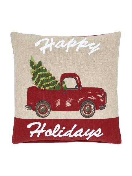 Kissenhülle Happy Holidays mit feinen bestickten Details, 100% Baumwolle, Beige, Rot, Grün, B 45 x L 45 cm