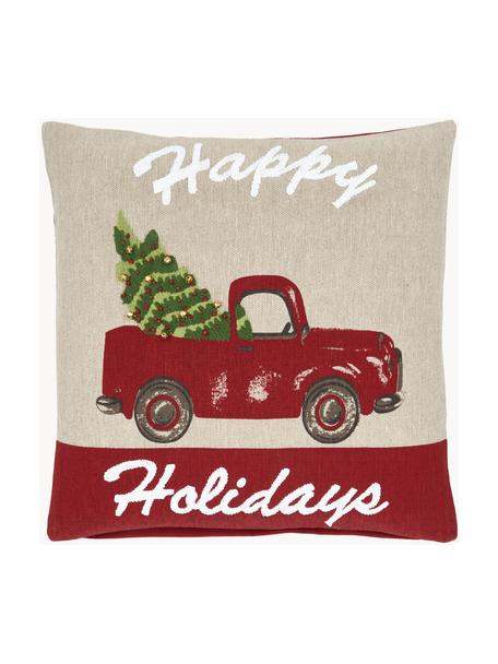Funda de cojín Happy Holidays, 100% algodón, Beige, rojo, verde, An 45 x L 45 cm
