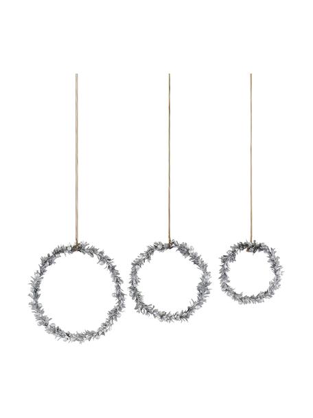 Decoratieve hangersset Laurel, 3-delig, Kunstvezel, metaal, hout, Zilverkleurig, Set met verschillende formaten