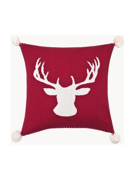 Gebreide kussenhoes Anders met hertenmotief en pompoms, Katoen, Rood, crèmewit, B 40 x L 40 cm