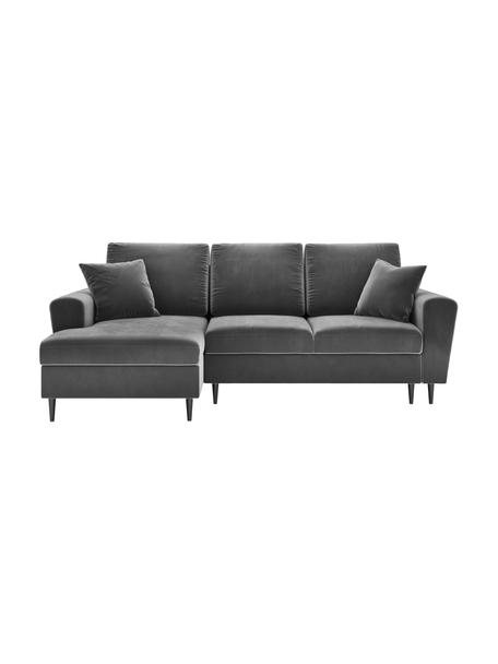 Canapé d'angle 4 places velours avec fonction lit et rangement Moghan, Velours gris, noir, larg. 241 x prof. 145 cm, méridienne à gauche