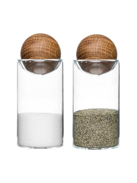 Mondgeblazen zout- en peperstrooier Nature met houten deksel, set van 2, Houder: mondgeblazen glas, Sluiting: eikenhout, Transparant, eikenhout, Ø 5 x H 12 cm