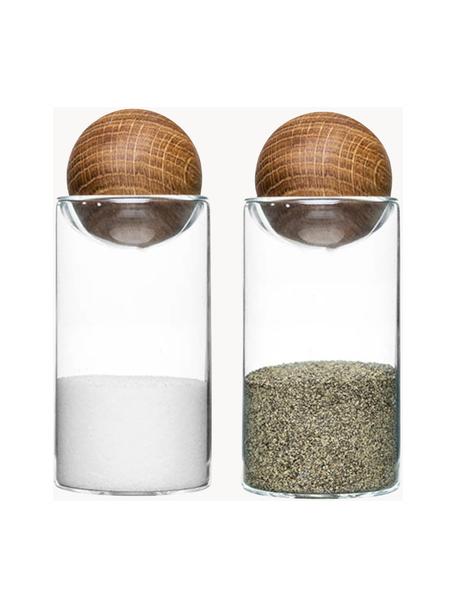 Mondgeblazen zout- en peperstrooier Nature met houten deksel, set van 2, Houder: mondgeblazen glas, Sluiting: eikenhout, Transparant, eikenhout, Ø 5 x H 12 cm