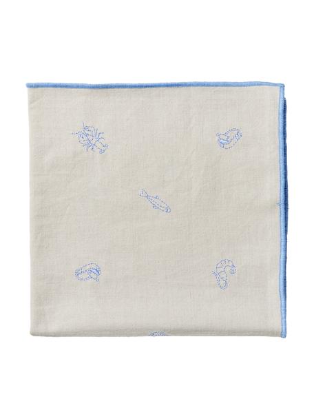 Bestickte Stoffservietten Sea mit Umkettelung, 4 Stück, 100 % Baumwolle, Beige, Hellblau, B 45 x L 45 cm