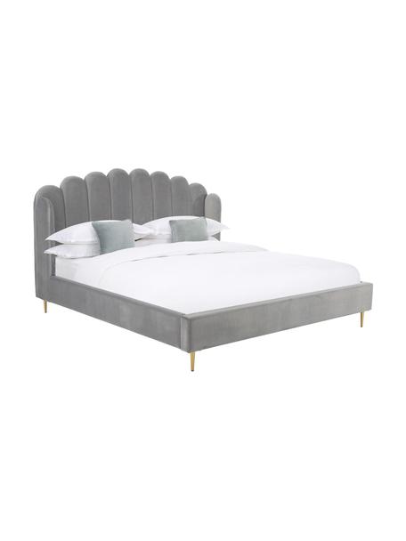 Gestoffeerd fluwelen bed Glamour in grijs, Frame: massief grenenhout, Poten: vermessingd metaal, Bekleding: fluweel (polyester), Fluweel grijs, 160 x 200 cm