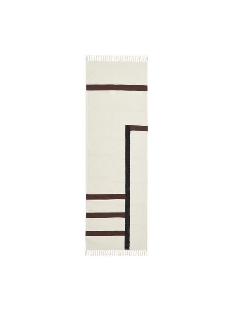 Passatoia kilim tessuta a mano Wyoming, 100% cotone organico certificato GOTS, Bianco crema, nero, marrone, Larg. 80 x Lung. 250 cm