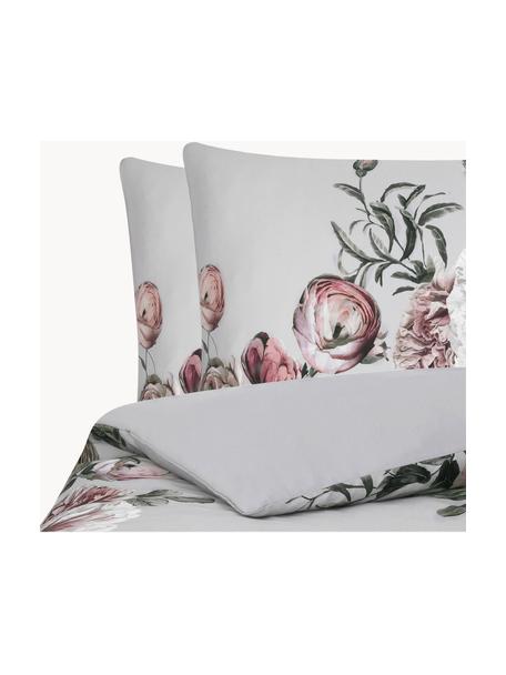 Housse de couette en satin de coton Blossom, Gris, motif floral, larg. 240 x long. 220 cm