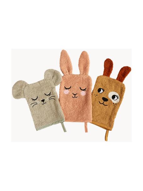 Waschhandschuhe Animals, 3er-Set, 100 % Baumwolle, Hellbraun, Peach, Hellbeige, B 15 x L 21 cm