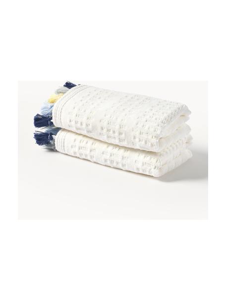 Serviette de toilette en velours avec franges Niam, tailles variées, Blanc crème, tons bleus et jaunes, Serviettes invité XS, larg. 30 x long. 30 cm , 2 pièces