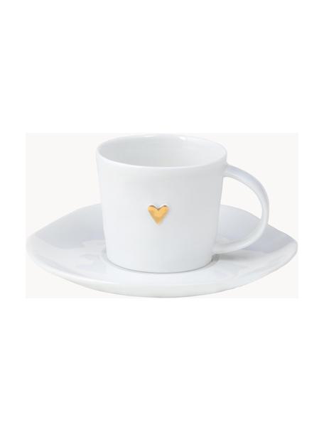 Taza espresso con platitos de porcelana Heart, Porcelana esmaltado, Blanco, dorado, Ø 6 x Al 5 cm, 80 ml