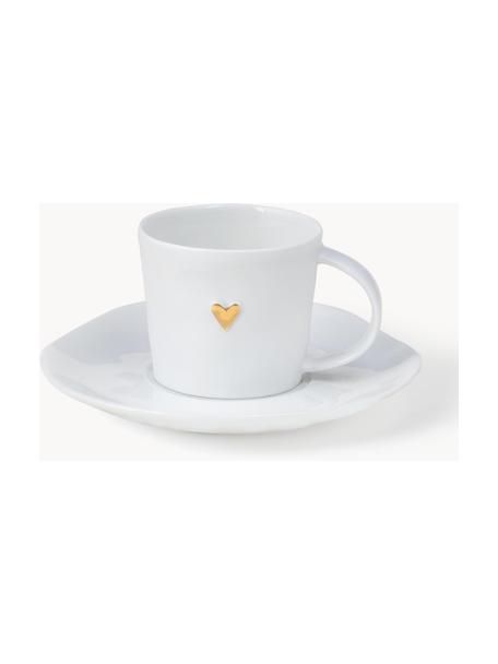 Taza espresso con platitos de porcelana Heart, Porcelana esmaltado, Blanco, dorado, Ø 6 x Al 5 cm, 80 ml