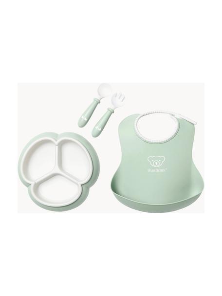 Set 4 stoviglie per bambini con bavaglino Bliss, Plastica, Verde salvia, bianco, Larg. 17 x Alt. 13 cm