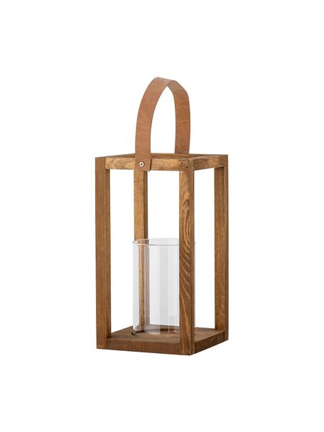 Farolillo de madera Lyra, Portavelas: vidrio, Asa: cuero sintético, Beige, transparente, An 16 x Al 30 cm