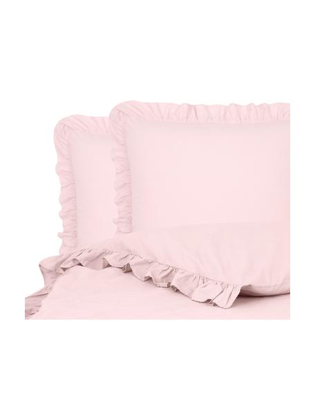 Pościel z perkalu z efektem sprania i falbankami Florence, Blady różowy, 200 x 200 cm + 2 poduszki 80 x 80 cm