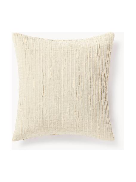 Housse de coussin en coton avec motif plissé et franges Artemis, 99 % coton, 1 % polyester, Blanc crème, larg. 50 x long. 50 cm