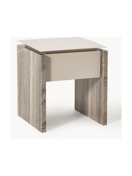 Nachttisch Bruce aus Marmor und Metall, Tischplatte: Metall, Front: Mitteldichte Holzfaserpla, Beine: Marmor Dieses Produkt wir, Hellbeige, Beige marmoriert, B 45 x H 50 cm