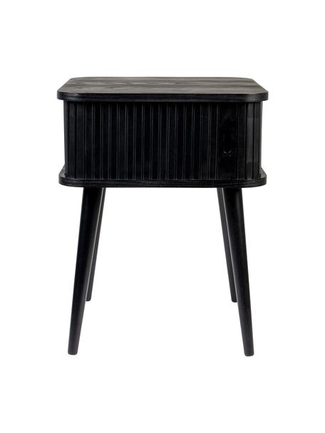 Holz-Nachttisch Barbier mit Schiebetür und geriffelter Front in Schwarz, Tischplatte: Mitteldichte Holzfaserpla, Schwarz, 45 x 59 cm