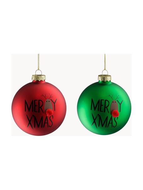 Boules de Noël Merry Xmas, 12 élém., Verre, Rouge, vert, Ø 8 x haut. 8 cm