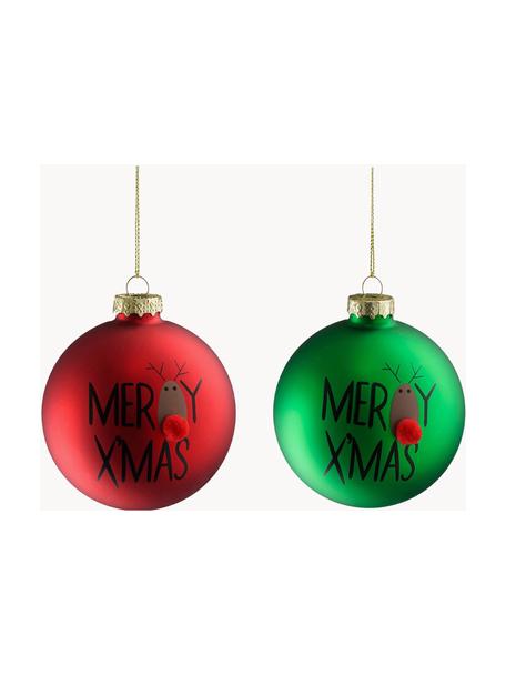 Kerstballen Merry Xmas, set van 12, Glas, Rood, groen, Ø 8 x H 8 cm