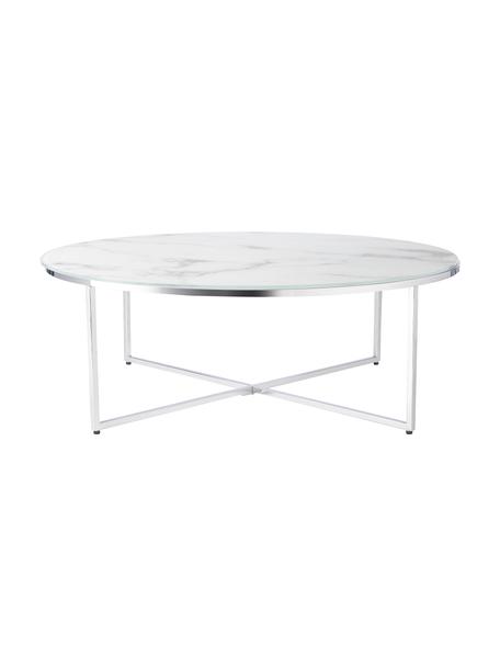 Table basse ronde XL avec plateau en verre aspect marbre Antigua, Blanc, marbré, chrome, Ø 100 x haut. 35 cm