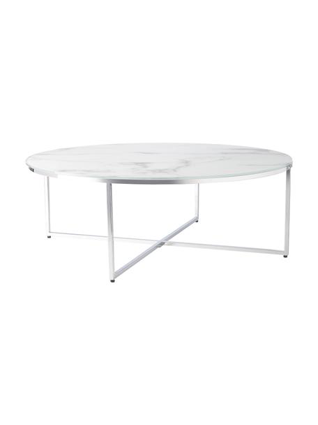 Ronde XL-salontafel Antigua met glazen tafelblad in marmerlook, Tafelblad: glas, mat bedrukt, Frame: verchroomd metaal, Marmerlook wit, chroomkleurig, Ø 100 cm