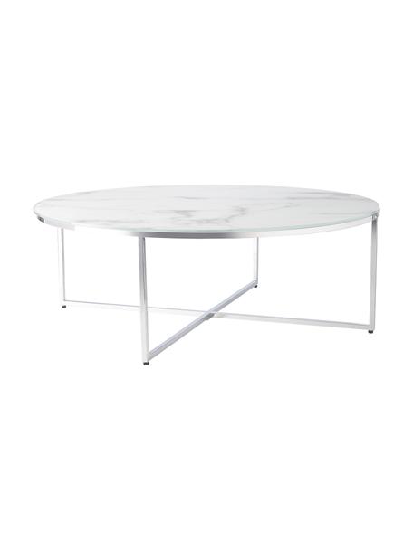 Table basse ronde XL avec plateau en verre aspect marbre Antigua, Blanc, couleur chrome, Ø 100 x haut. 35 cm