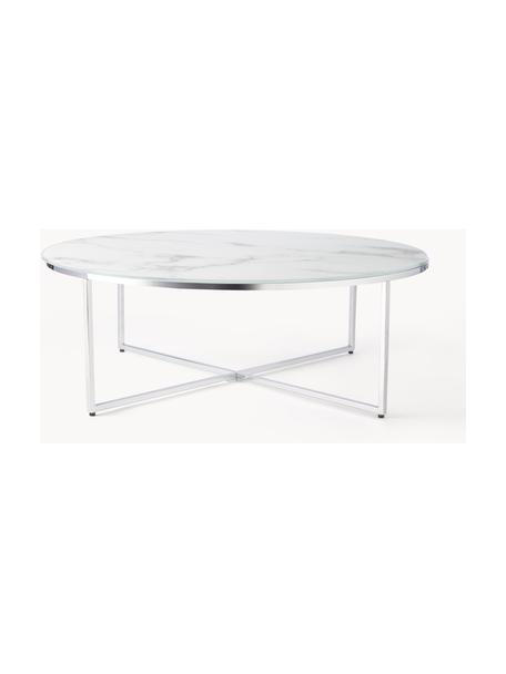 Table basse ronde XL avec plateau en verre aspect marbre Antigua, Blanc aspect marbre, gris chrome, Ø 100 cm
