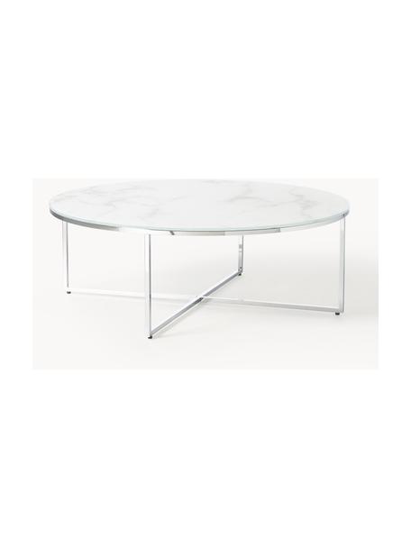 Runder XL-Couchtisch Antigua mit Glasplatte in Marmor-Optik, Tischplatte: Glas, matt bedruckt, Gestell: Metall, verchromt, Marmor-Optik Weiss, Silberfarben glänzend, Ø 100 cm