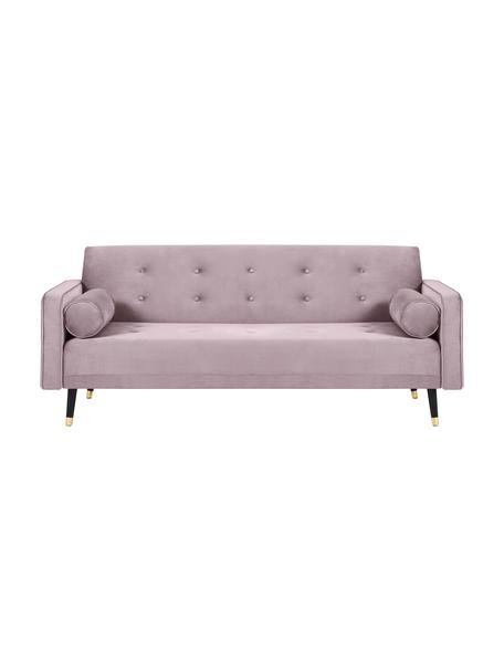 Divano letto 3 posti in velluto lavanda con piedini in legno Gia, Velluto color lavanda, ottonato, Larg. 212 x Alt. 93 cm