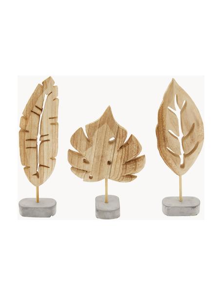 Set 3 oggetti decorativi Blatt, Presa di corrente: cemento, Grigio, legno di paulownia, Set in varie misure