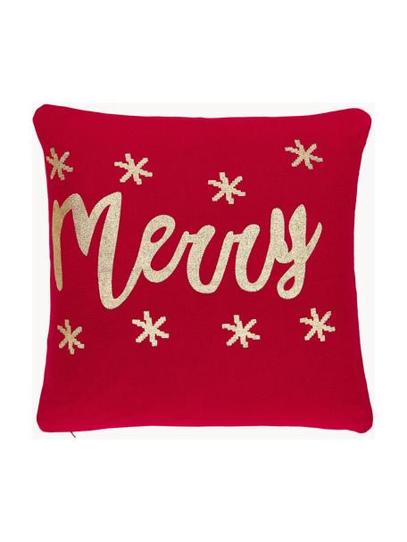 Federa natalizia a maglia con scritta Merry, Cotone, Rosso, dorato, Larg. 40 x Lung. 40 cm