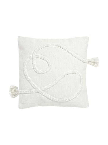 Fundas de cojines con tejido capitoné y flecos Kaspar, 2 uds., 100% algodón, Blanco crema, An 45 x L 45 cm