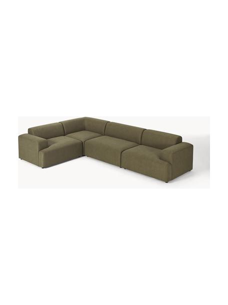 Großes Ecksofa Melva (4-Sitzer), Bezug: 100 % Polyester Der strap, Gestell: Massives Kiefern- und Fic, Füße: Kunststoff Dieses Produkt, Webstoff Olivgrün, B 339 x T 220 cm, Eckteil links