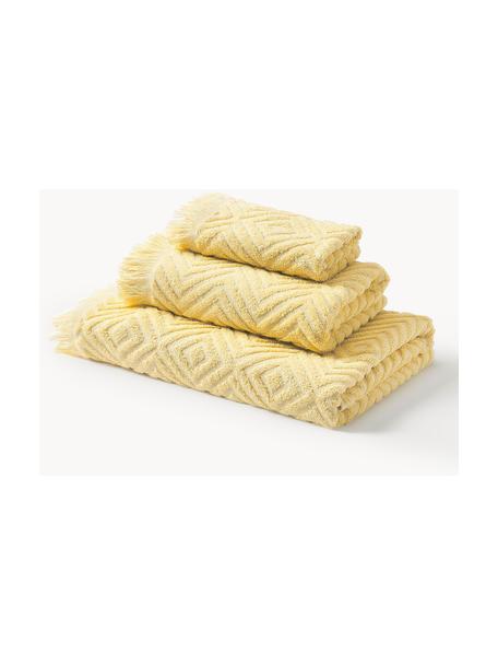 Sada ručníků se strukturovaným vzorem Jacqui, 3 díly, 100 % bavlna
Střední gramáž, 480 g/m²

Materiál použitý v tomto produktu byl testován na škodlivé látky a certifikován podle STANDARD 100 od OEKO-TEX®, 8135CIT, CITEVE., Světle žlutá, 3dílná sada (ručník pro hosty, ručník a osuška)