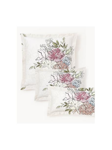 Saténová obliečka na vankúš s kvetinovou potlačou Margot, Lomená biela, svetlobéžová, Š 70 x D 80 cm