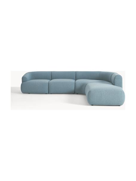 Sofá rinconera modular en tejido bouclé Sofia (4 plazas), Tapizado: tejido bouclé (100% polié, Estructura: madera de abeto, tablero , Patas: plástico Este producto es, Bouclé azul, An 319 x F 298 cm, chaise longue derecha