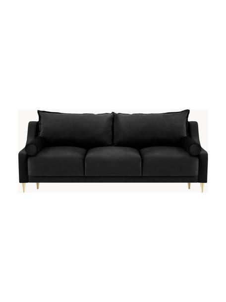 Zamatová pohovka na spanie s úložným priestorom Lea (3-miestna), Zamatová čierna, mosadzné odtiene, Š 215 x H 94 cm
