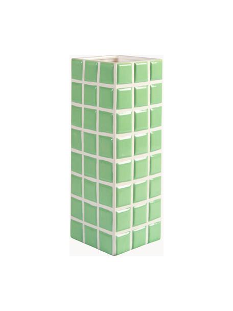 Design-Vase Tile mit Fliesenoptik, Dolomitstein, Hellgrün, Weiß, B 11 x H 28 cm
