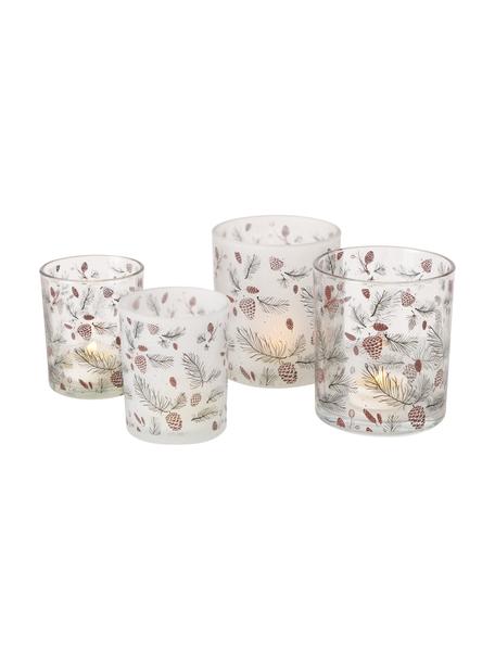 Set de portavelas Pino, 4 uds., Vidrio estampado y pintado, Blanco, transparente, marrón, Set de diferentes tamaños